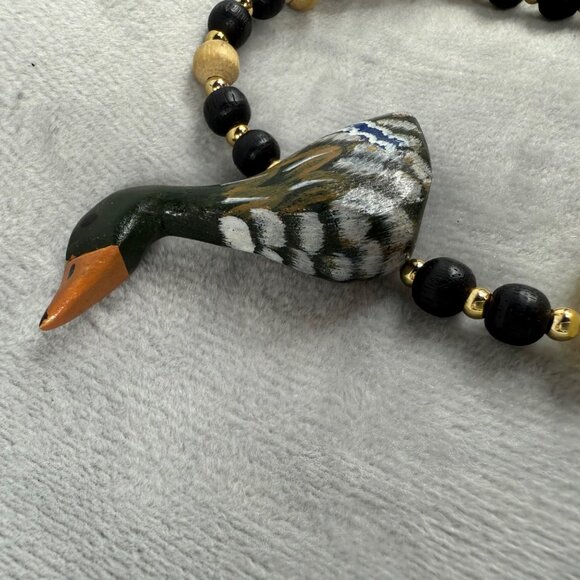 Wood Duck Geese Statement Necklace Beaded Shell Accents Hand Painted Vintage - Picture 14 of 16